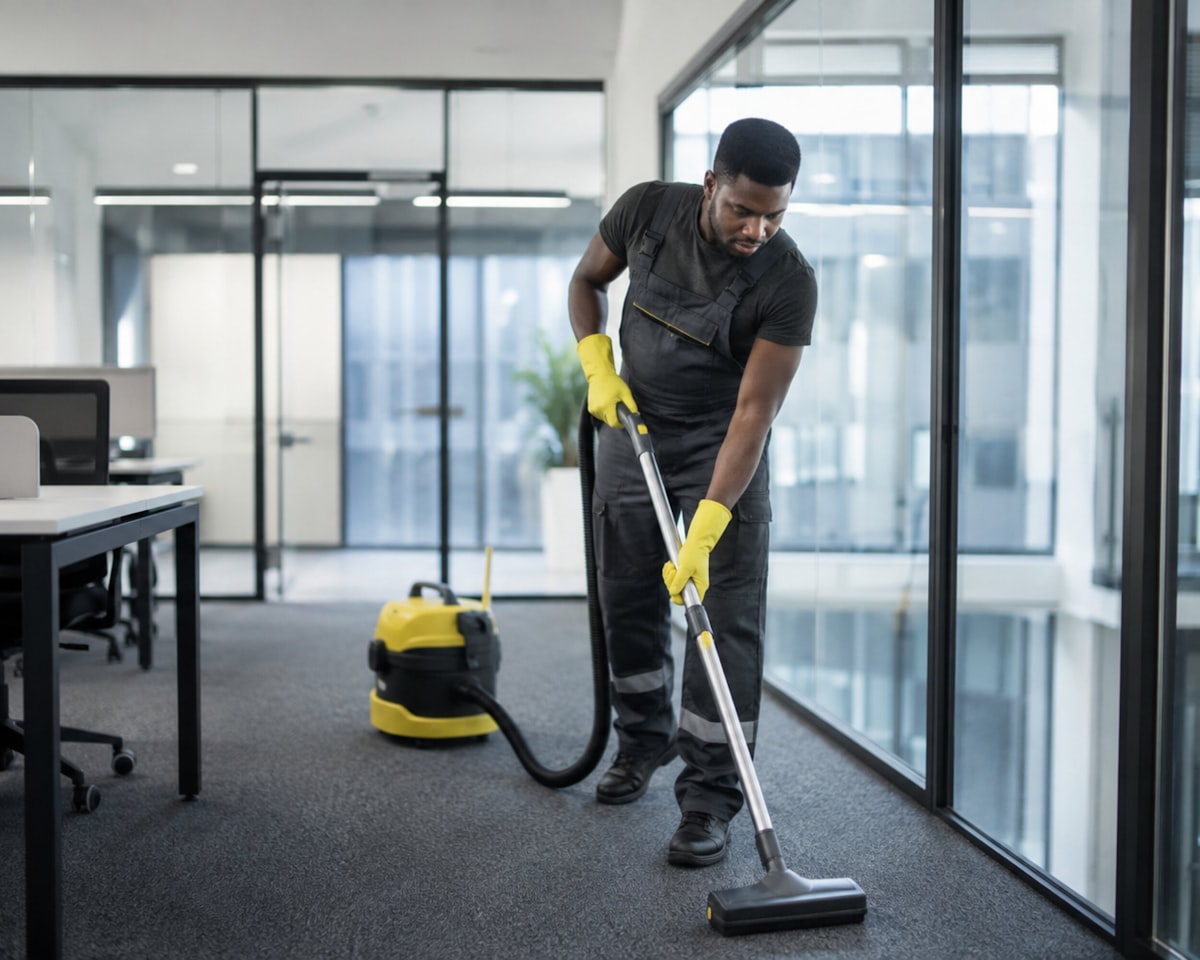 Professional cleaner servicing a modern office